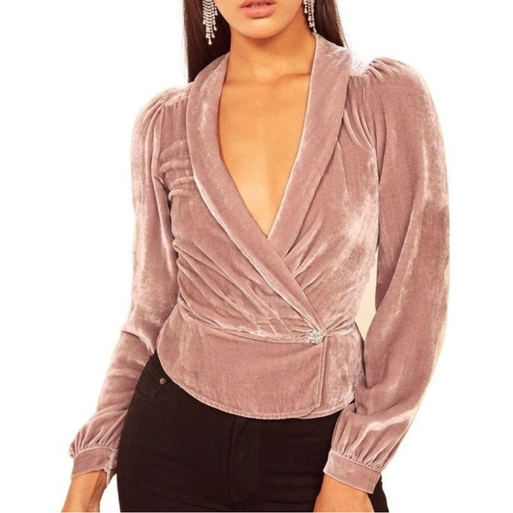 Reformation Tops - Reformation Dusty Pink Velvet Wrap Blouse